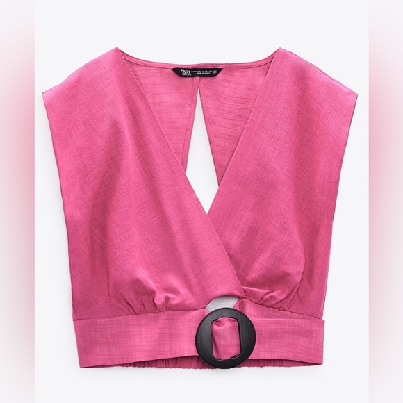 ZARA NWT Chain Buckle Belt Wrap Top 100% COTTON Crop Top Barbie Pink Size Large - Picture 5 of 5